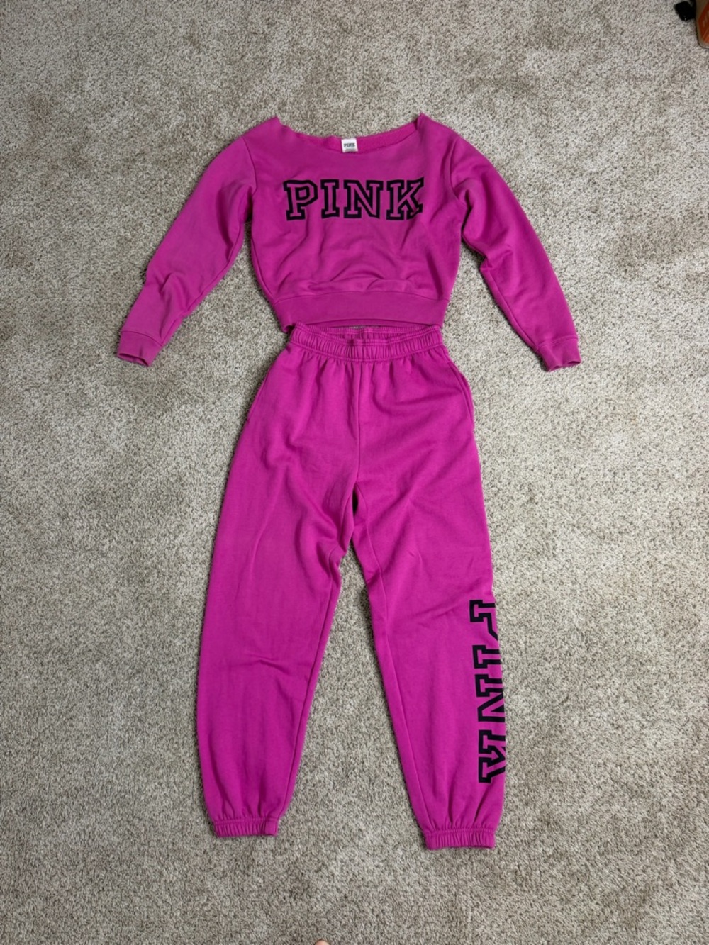 PINK Victoria's Secret Hot Pink Cropped Sweatshirt & Joggers Set